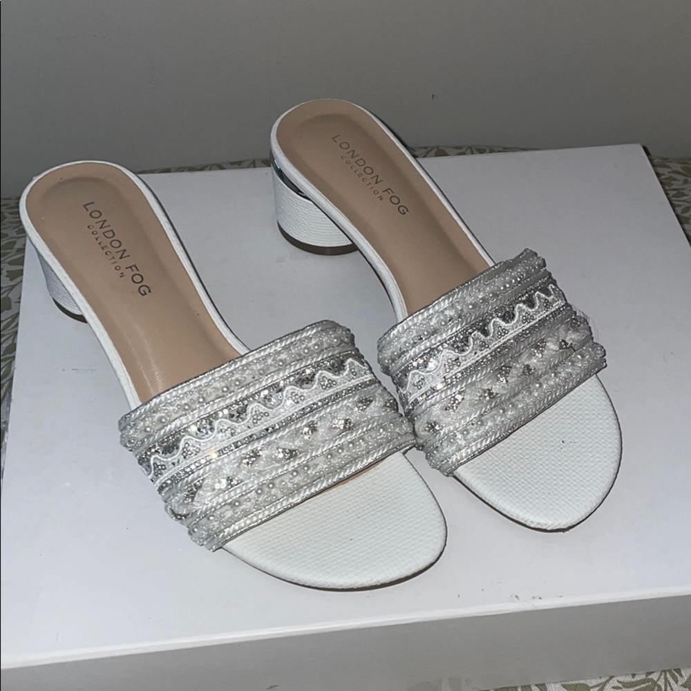 London Fog Silver and White Mules with Chain Detail